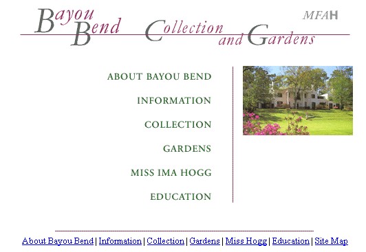Bayou Bend Collection and Gardens homepage, with a photo of the historic house and a navigation menu for About Bayou Bend, Information, Collection, Gardens, Miss Ima Hogg, and Education