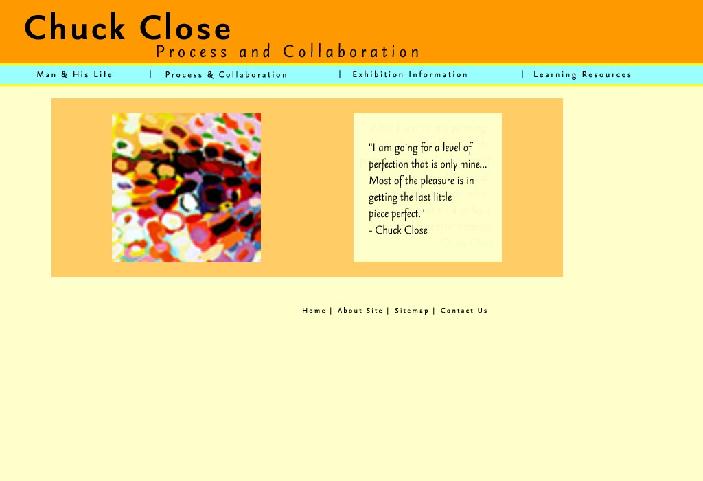 Chuck Close: Process and Collaboration homepage, with a colorful abstract portrait and a Chuck Close quote about pursuing perfection