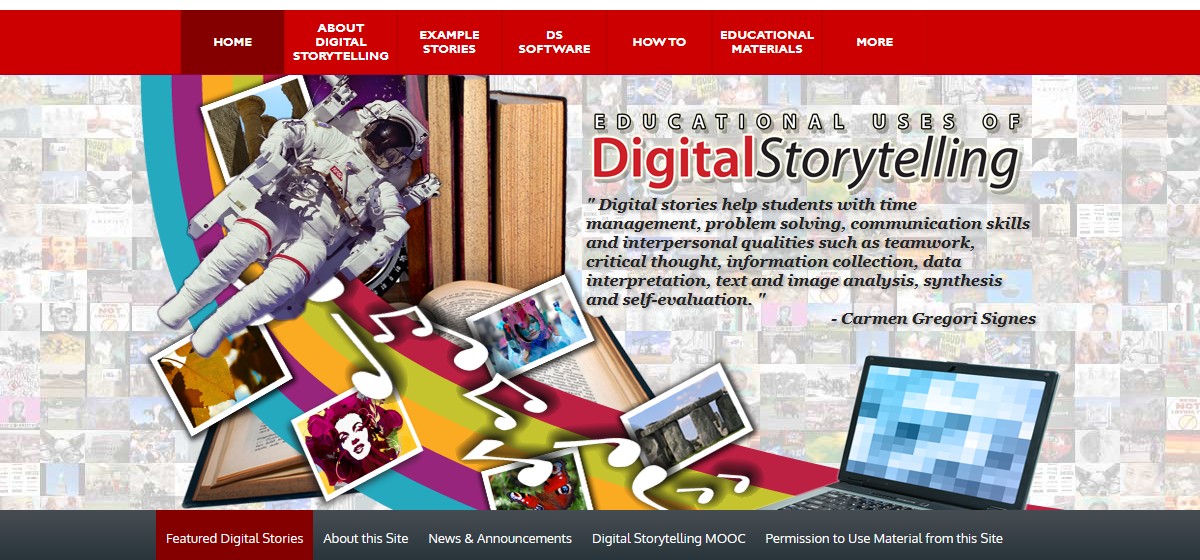 The Educational Uses of Digital Storytelling (EUODS) homepage, with an astronaut-and-books collage illustration