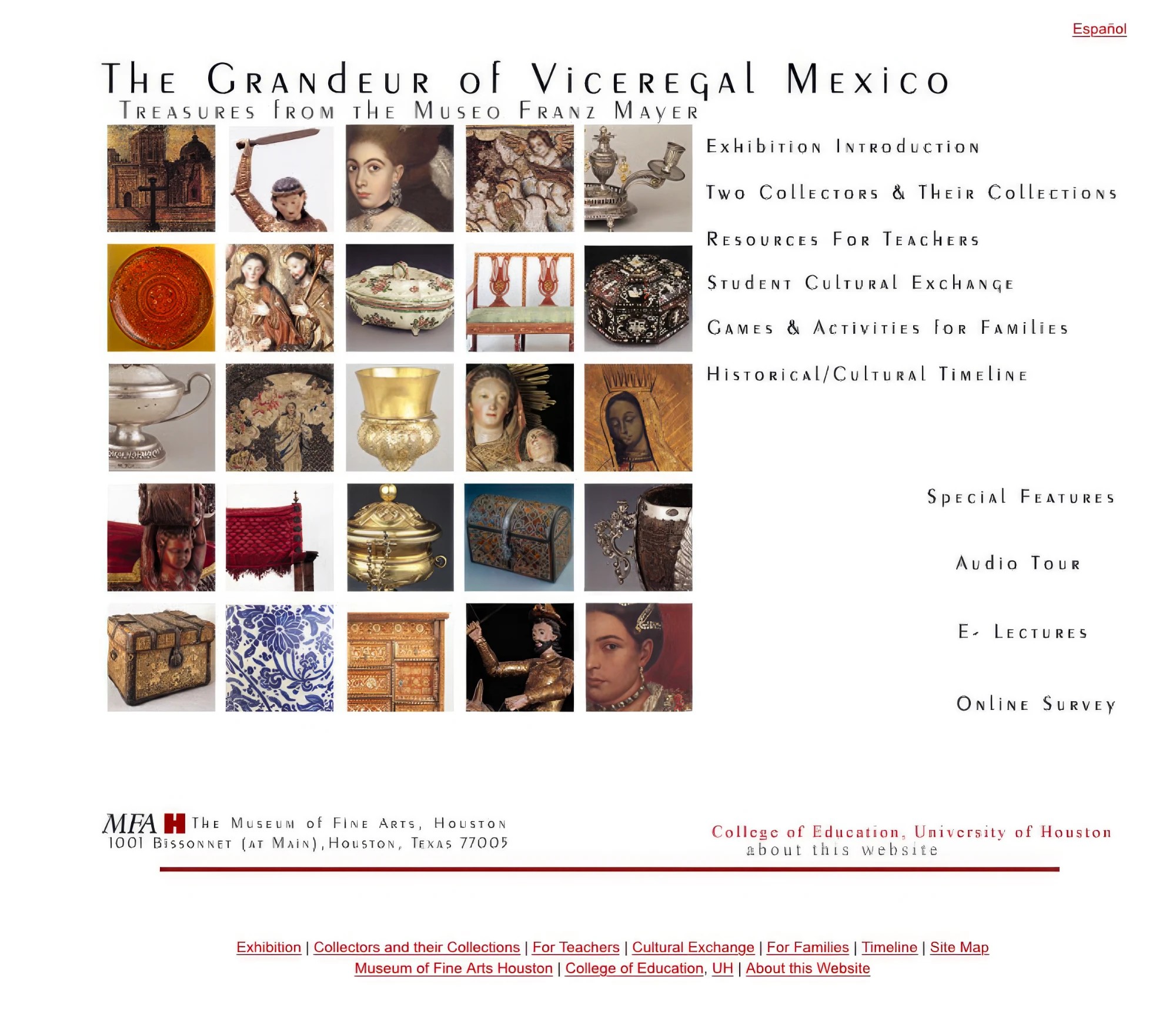 The Grandeur of Viceregal Mexico homepage, a grid of 25 decorative-art object photos with a navigation menu including Exhibition Introduction, Two Collectors & Their Collections, and Historical/Cultural Timeline