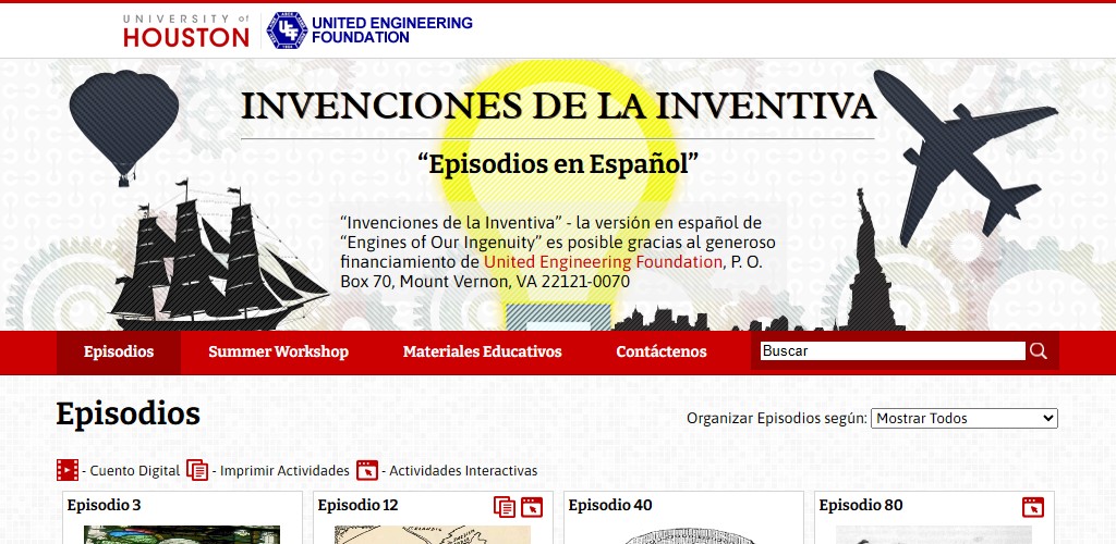 Invenciones de la Inventiva homepage, in Spanish, funded by the United Engineering Foundation, with a list of episodes