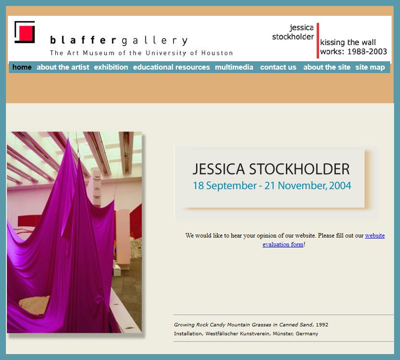Jessica Stockholder – Kissing the Wall homepage, Blaffer Gallery, showing a purple fabric sculpture installation