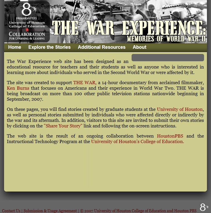 The War Experience: Memories of World War II — 2007 homepage, with a HoustonPBS/University of Houston banner